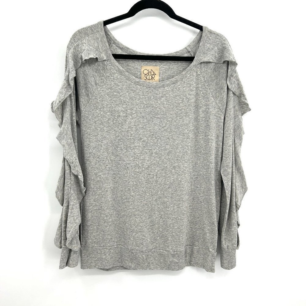 NWT CHASER *Flawed* Heather Gray Long Sleeve Ruffle Open Neck Shirt Size Medium